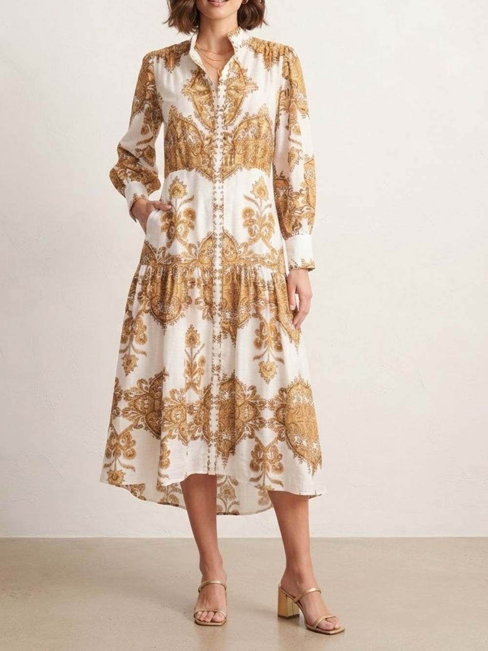 Diva White Maxi Dress with Golden Brown Paisley Print